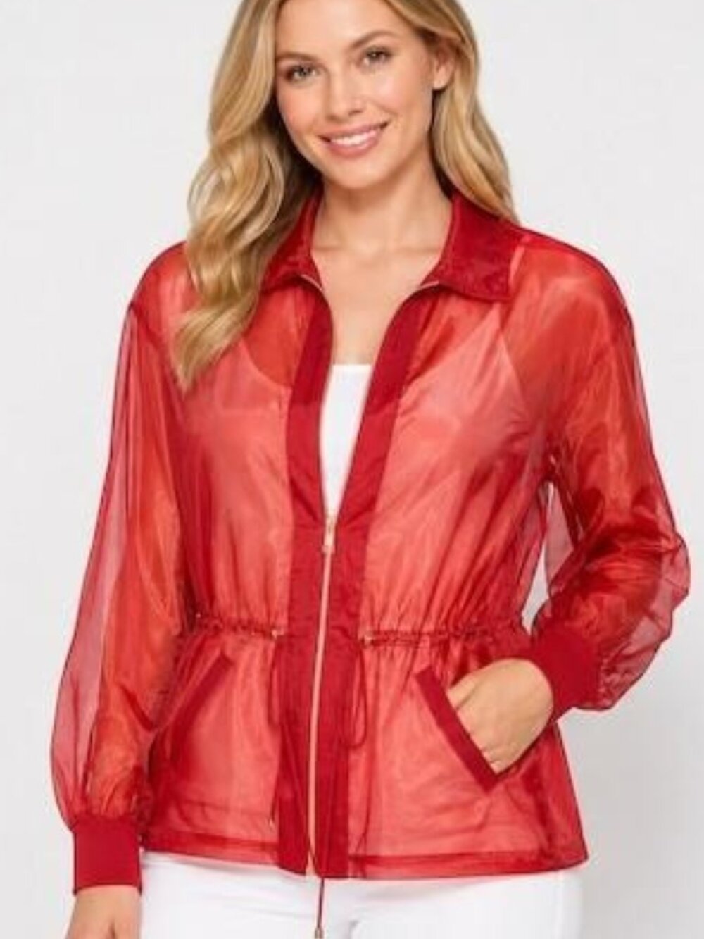 GSTQ Sheer Cinched Bomber Jacket - Red - Womens Size S - NWT